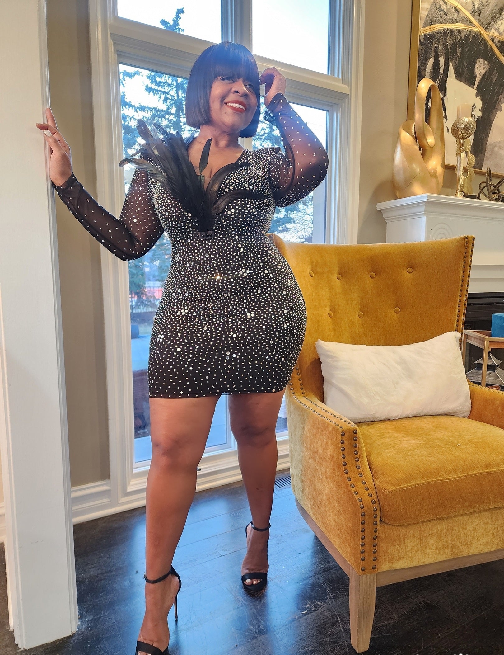 plus size sequin feather dress Plus Size Pink Party See-Through Feather Long Sleeve Sequin Mini Dress