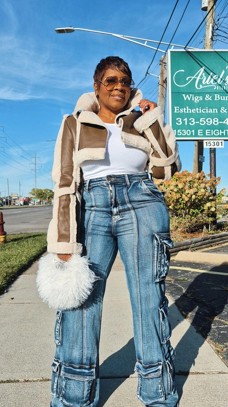 Sugar Brown faux leather crop coat